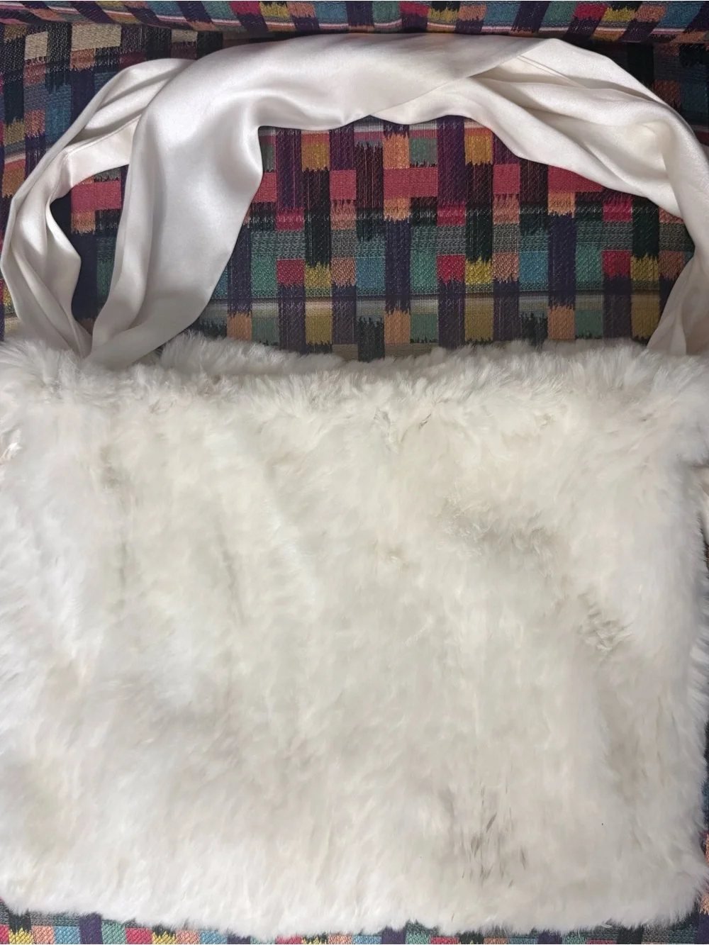 Vintage Ultra Plush Rabbit Fur Shoulder Bag in Ivory with Satin Straps